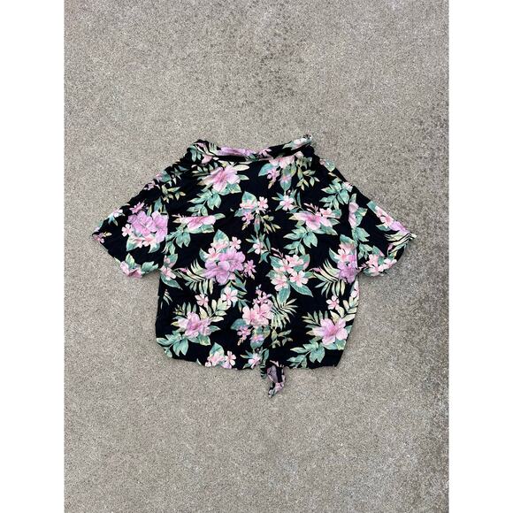 American Eagle Black Floral Collared Button Down Tie Front Blouse Size Large - Picture 6 of 6